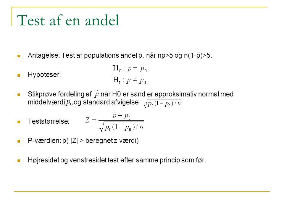 Test af en andel Antagelse: Test af populations andel p, når np>5 og n(1-p)>5. Hypoteser: