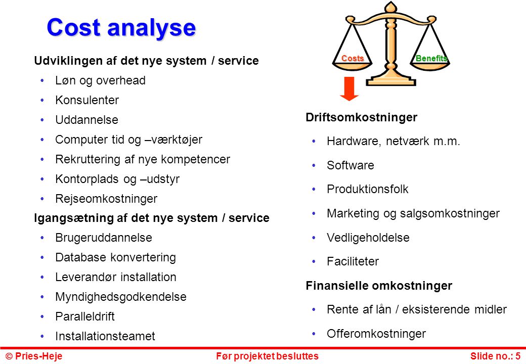 Cost analyse Udviklingen af det nye system / service Løn og overhead