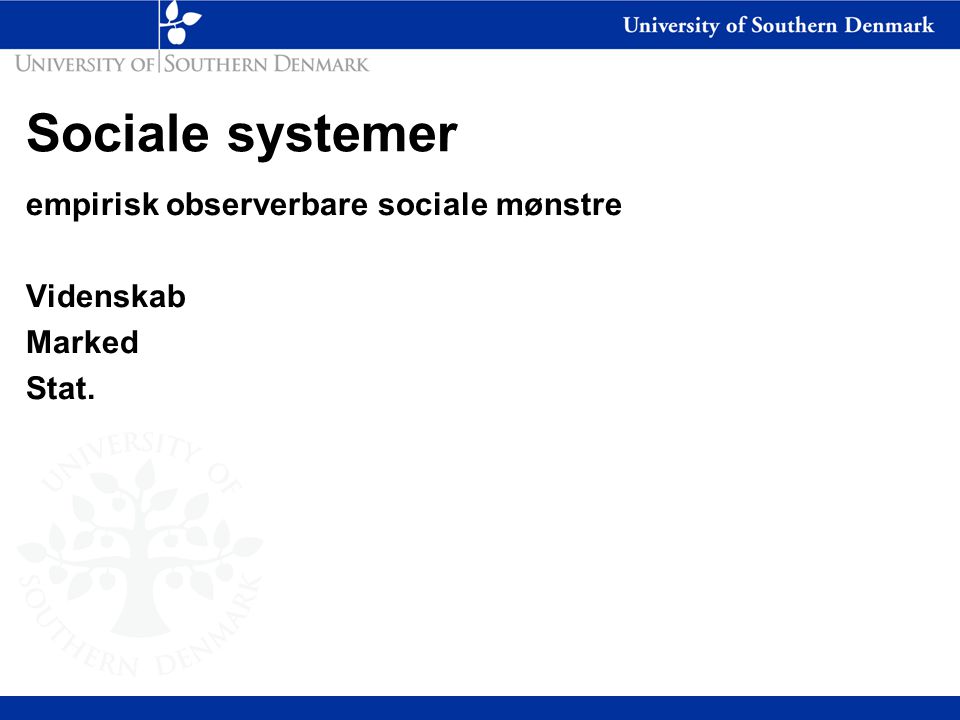 Sociale systemer empirisk observerbare sociale mønstre Videnskab Marked Stat.